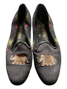 Zalo Black Embroidered Elephant Slip-On Flats, size 9